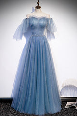Prom Dresses Long Blue, Blue Tulle Long A-Line Prom Dress, Off the Shoulder Evening Party Dress