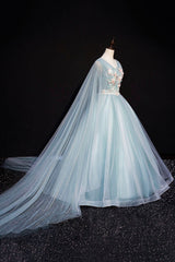 Prom Dress Long, Blue V-Neck Lace Long Prom Dress, Blue A-Line Formal Evening Dress