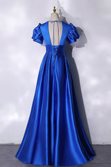 Strapless Prom Dress, Blue V-Neck Satin Long Prom Dress, Simple Blue Evening Party Dress