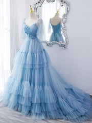 Slip Dress, Blue v neck tulle long prom dress, blue tulle formal dress