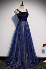 Prom Dress Shops, Blue Velvet Tulle Long A-Line Prom Dress, Blue Spaghetti Straps Evening Dress