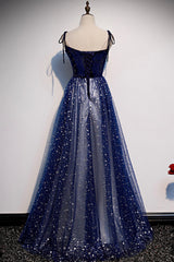 Prom Dresses Shops, Blue Velvet Tulle Long A-Line Prom Dress, Blue Spaghetti Straps Evening Dress