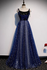 Prom Dresses Shopping, Blue Velvet Tulle Long A-Line Prom Dress, Blue Spaghetti Straps Evening Dress