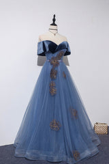 Prom Dress Cheap, Blue Velvet Tulle Long A-Line Prom Dress, Off the Shoulder Evening Dress