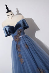 Prom Dress Beautiful, Blue Velvet Tulle Long A-Line Prom Dress, Off the Shoulder Evening Dress