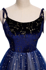 Prom Dress Blue Long, Blue Velvet Tulle Long Prom Dress, A-Line Evening Party Dress