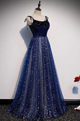 Prom Dresses Blue Long, Blue Velvet Tulle Long Prom Dress, A-Line Evening Party Dress