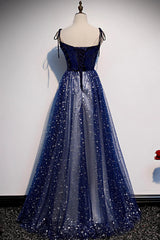 Prom Dress Off The Shoulder, Blue Velvet Tulle Long Prom Dress, A-Line Evening Party Dress
