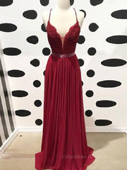 Prom Dresses 2018, Burgundy A Line V Neck Backless Lace Tulle Long Prom Dresses, Burgundy Lace Formal Dresses, Burgundy Evening Dresses