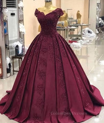 Black Lace Dress, Burgundy off shoulder satin lace long prom dress, burgundy evening dress