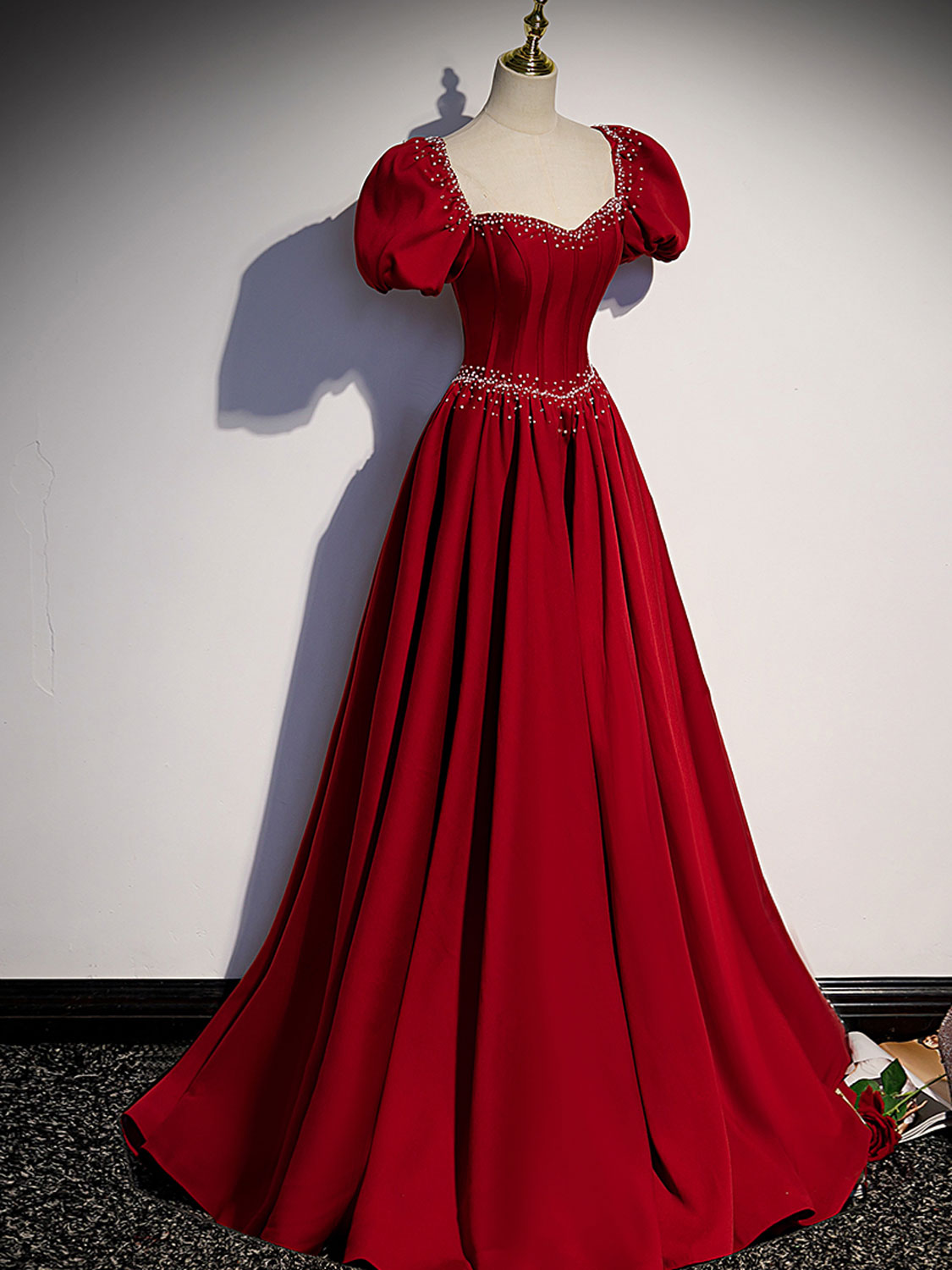 Quinceanera Dress, Burgundy Satin Beads Long Prom Dresses, Burgundy Long Formal Dresses