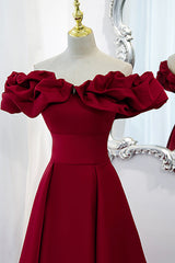 Bridesmaids Dress Ideas, Burgundy Satin Long Prom Dress, A-Line Off Shoulder Evening Party Dress