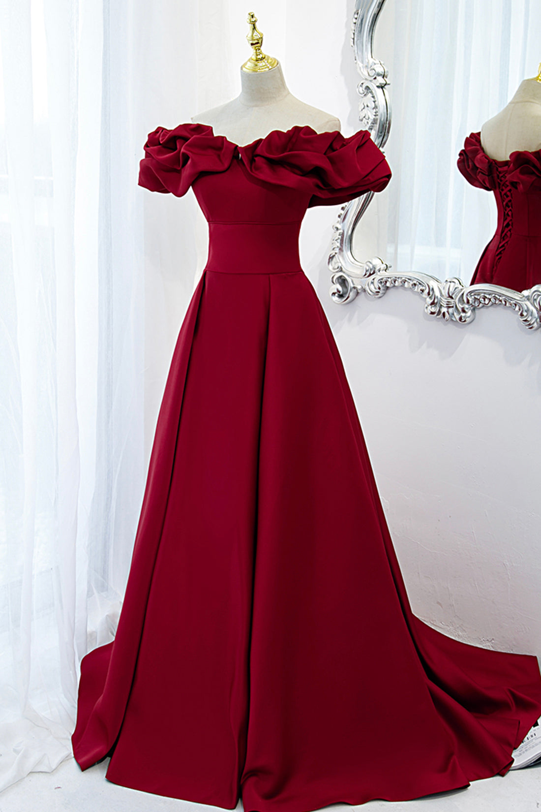 Bridesmaid Dress Styles, Burgundy Satin Long Prom Dress, A-Line Off Shoulder Evening Party Dress