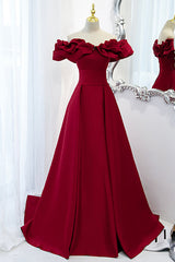 Bridesmaid Dresses Idea, Burgundy Satin Long Prom Dress, A-Line Off Shoulder Evening Party Dress