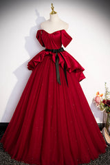 Bridesmaid Dress Colors Scheme, Burgundy Satin Tulle Long Prom Dress, Off Shoulder Evening Dress