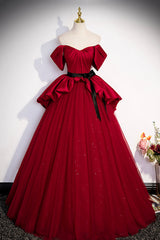 Bridesmaid Dresses Color Scheme, Burgundy Satin Tulle Long Prom Dress, Off Shoulder Evening Dress