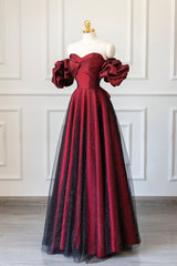 Silk Dress, Burgundy Satin Tulle Long Prom Dress, Off Shoulder Evening Party Dress