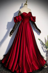 Formal Dress Classy, Burgundy Satin Tulle Long Prom Dress, Off the Shoulder Formal Evening Dress
