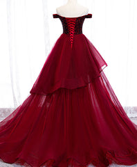 Homecomming Dresses Cute, Burgundy Sweetheart Off Shoulder Tulle Long Prom Dress Tulle Formal Dress