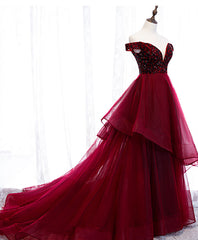 Homecoming Dresses Cute, Burgundy Sweetheart Off Shoulder Tulle Long Prom Dress Tulle Formal Dress