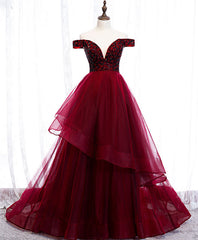 Homecoming Dress Under 54, Burgundy Sweetheart Off Shoulder Tulle Long Prom Dress Tulle Formal Dress