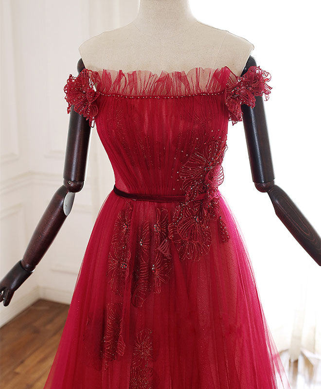 Homecoming Dresses Styles, Burgundy Tulle Lace Long Prom Dress Burgundy Tulle Lace Evening Dress