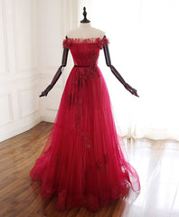 Homecoming Dress Style, Burgundy Tulle Lace Long Prom Dress Burgundy Tulle Lace Evening Dress