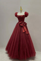 Evening Dress Sleeves, Burgundy Tulle Long A-Line Prom Dress, Lovely Evening Graduation Dress