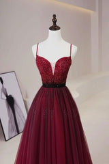 Gown Dress Elegant, Burgundy Tulle Long Prom Dress with Beaded, Spaghetti Straps Evening Dress