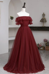 Prom Dresses Stores, Burgundy Tulle Off the Shoulder Prom Dress, Long A-Line Evening Dress