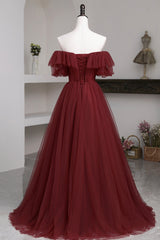 Prom Dress Store, Burgundy Tulle Off the Shoulder Prom Dress, Long A-Line Evening Dress