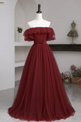 Prom Dresses For Girl, Burgundy Tulle Off the Shoulder Prom Dress, Long A-Line Evening Dress