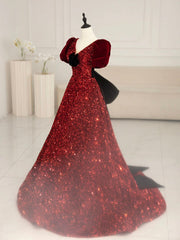 Formal Dresses Websites, Burgundy V Neck Sequin Long Prom Dress, Burgundy Evening Dress