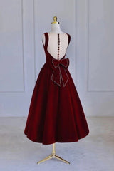 Bridesmaids Dresses For Beach Wedding, Burgundy Velvet Tea Length Prom Dress, A-Line Party Dress with Bow