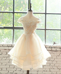 Prom Dress Outfit, Champagne Lace Tulle Short Prom Dress, Homecoming Dress