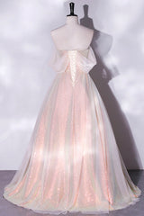 Party Dresses For Teen, Champagne Sequins Long A-Line Prom Dress, Off the Shoulder Evening Party Dress