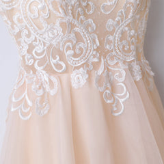 Prom Dresses For Brunettes, Champagne V Neck Tulle Long Prom Dress, Lace Evening Dress