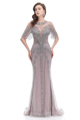Prom Dress Shiny, Crystal Tassel Mermaid O Neck Short Sleeves Prom Dresses