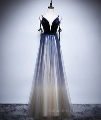 Party Dress Name, Dark blue tulle long prom dress, blue evening dress