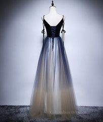 Party Dress Names, Dark blue tulle long prom dress, blue evening dress