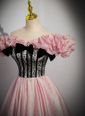 Prom Dresses Silk, Elegant A-line Pink Off Shoulder Long Evening Dress, Pink with Black Lace Long Prom Dress