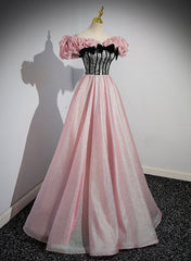 Prom Dress Pieces, Elegant A-line Pink Off Shoulder Long Evening Dress, Pink with Black Lace Long Prom Dress