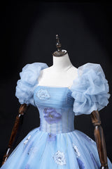 Prom Dress Long Mermaid, Floral Tulle Long Prom Dress, Blue Short Sleeve Evening Dress