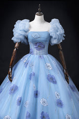 Prom Dresses Long Mermaide, Floral Tulle Long Prom Dress, Blue Short Sleeve Evening Dress