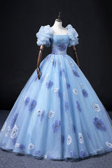 Prom Dresses Long Mermaid, Floral Tulle Long Prom Dress, Blue Short Sleeve Evening Dress