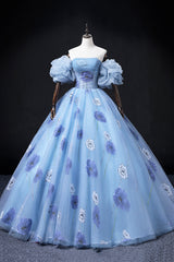 Prom Dresses Long With Sleeves, Floral Tulle Long Prom Dress, Blue Short Sleeve Evening Dress