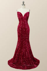 Prom Dresses Sweetheart, Fuchsia Sequin Strapless Mermaid Long Formal Dress