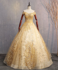 Evening Dress Gold, Gold Tulle Off Shoulder Lace Long Prom Dress Tulle Formal Dress
