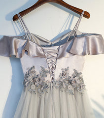Prom Dress Blue, Gray A Line Lace Long Prom Dress, Gray Evening Dress