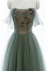 Bridesmaid Dress Under 102, Gray Green Tulle Beaded Long Prom Dress, A-Line Evening Dress